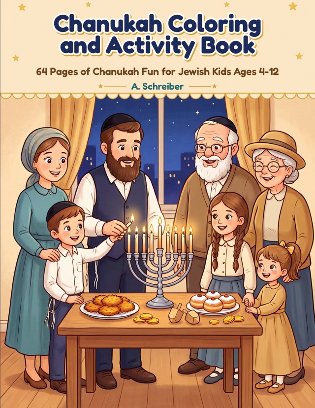 Chanukah Coloring and Activity Book cover: a family lighting the menorah