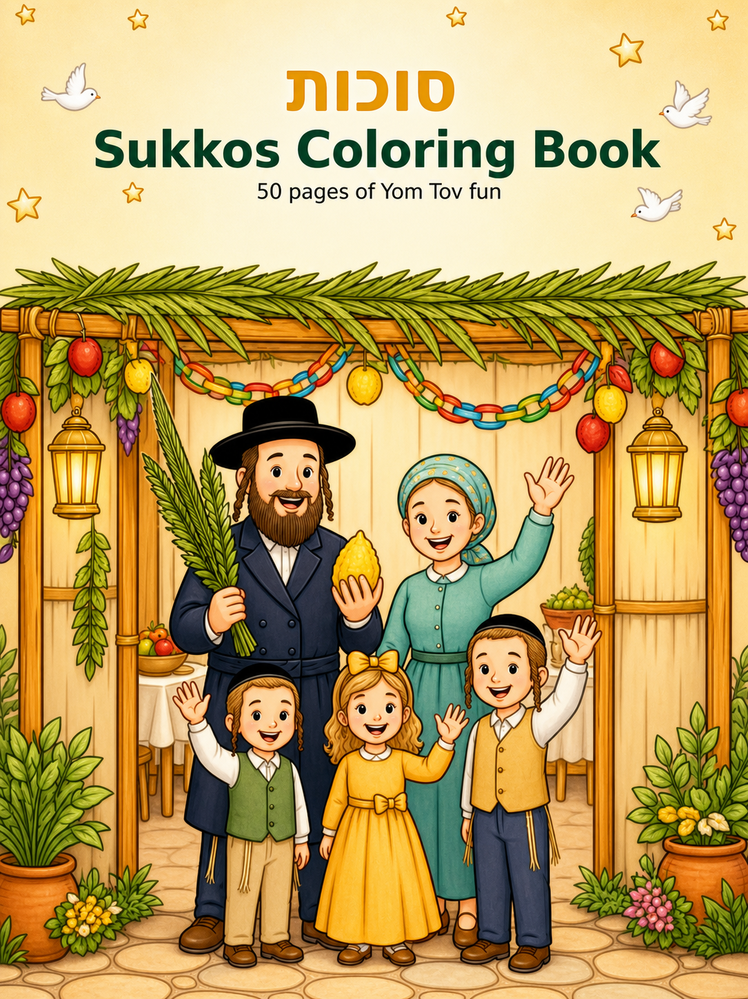 Sukkos Coloring Book cover - a family in their sukkah