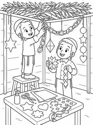 Boys decorating the sukkah